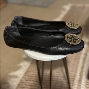 Tory Burch Black Flats with Gold Logo